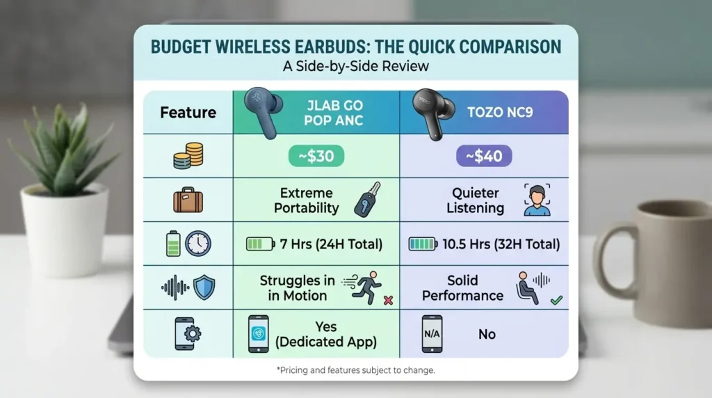 JLab Go Pop ANC True Wireless Earbuds Vs TOZO NC9 Comparison
