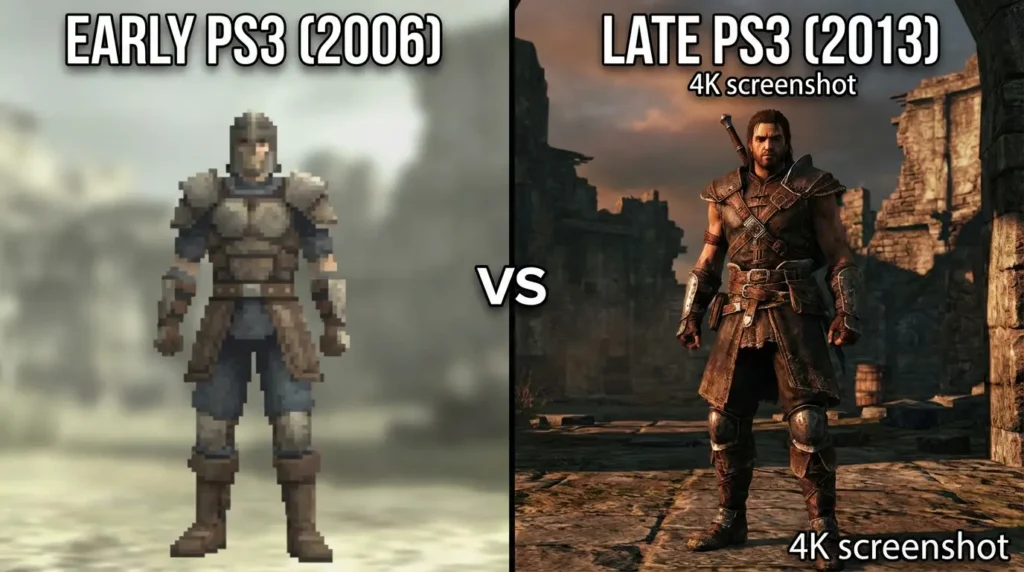 Before and after graphical upscaling comparison of PS3 emulation using the RPCS3 custom configuration.